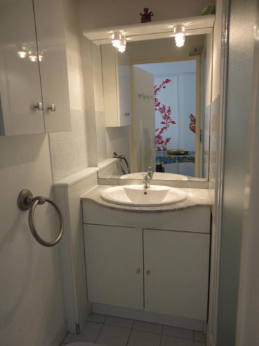 une salle de bain avec un lavabo et un miroir dans l'établissement AQUAGOLF Joli T2 piscine clim piscine Richelieu AQUAGOLF Cap d'Agde, au Cap d'Agde