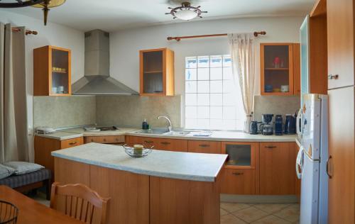 eine Küche mit Holzschränken und einer Arbeitsplatte in der Unterkunft Logothetianika houses - Kithikies holiday houses in Kámbos