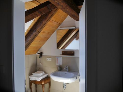 baño con lavabo y techos de madera. en Pension & Café Schlupfwinkel en Salem