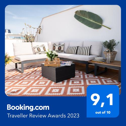 a flyer for a patio with a couch and a table at Pacificio Beachfront in Málaga