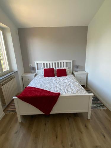 een slaapkamer met een wit bed en 2 rode kussens bij Il Tulipano in Cibottola
