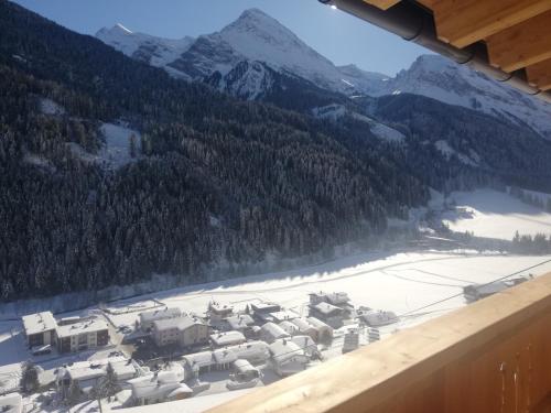 a view from a window of a snow covered mountain at Löberbauer, Ferienwohnung in Tux