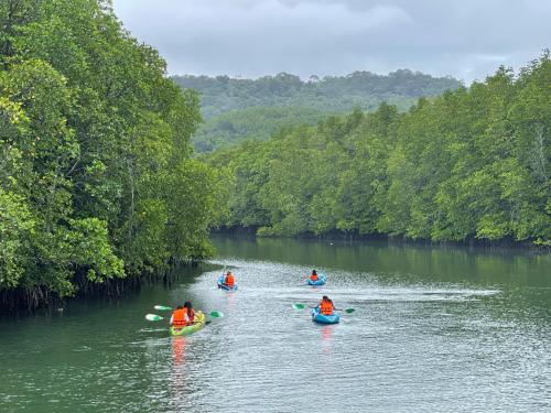 a group of people are kayaking down a river at Mangrove bungalow & restaurant in Ko Kood