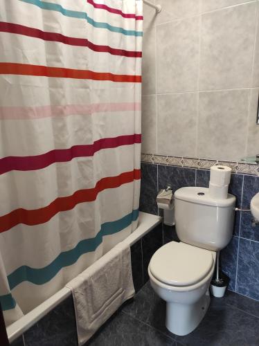 een badkamer met een toilet en een douchegordijn bij EN EL CORAZON DEL BARRIO DE LA ESTACIÓN in Haro