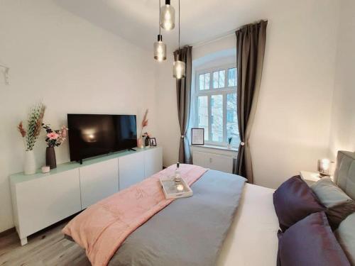 Schlafzimmer mit einem Bett und einem Flachbild-TV in der Unterkunft Daheim in Dresden in Dresden