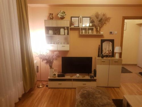 ein Wohnzimmer mit einem TV auf einem Schreibtisch in der Unterkunft Apartman Fine Rest Brcko in Brčko