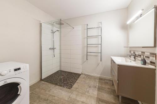 a bathroom with a washing machine and a sink at Le Classique de Claire in La Bourboule