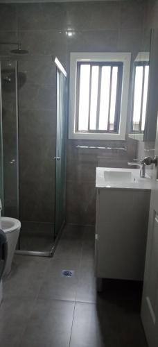 een badkamer met een douche, een wastafel en een toilet bij Simple room in Riverwood