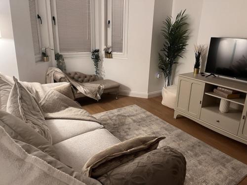 a living room with a couch and a television at Gorgeous 2 floor 3 bed Apartment in St. Leonards