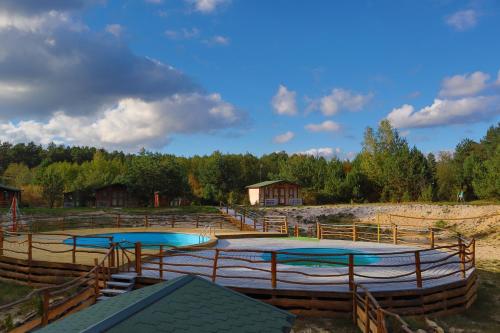 twee zwembaden in een boerderij met bomen en huizen bij Ośrodek Wypoczynkowy Mamczur Pizuny in Łukawica