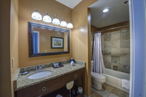 a bathroom with a sink and a toilet and a mirror at The Rockville Hotel, a Ramada by Wyndham in Rockville