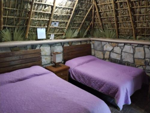 2 camas en una habitación con sábanas moradas en Cabañas Casa de la Montaña, en El Platanito