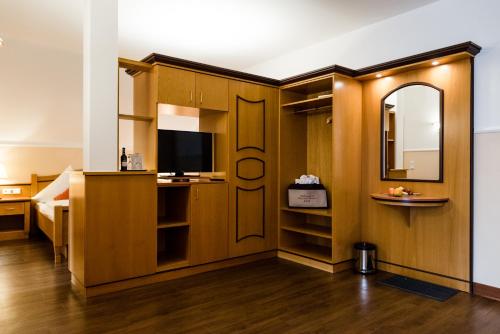 um quarto com uma cama, uma televisão e um espelho em AKZENT Hotel Bayerwald-Residenz em Neukirchen