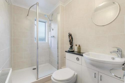 a bathroom with a shower and a toilet and a sink at Lovely 2BD Flat in picturesque Limekilns Fife in Limekilns