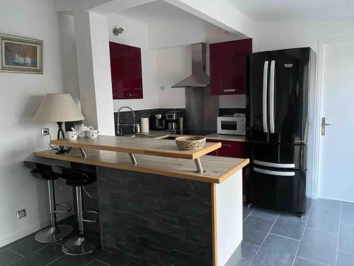 Il comprend une cuisine équipée d'un réfrigérateur noir et d'un comptoir. dans l'établissement La maison de la pointe rouge, à Marseille