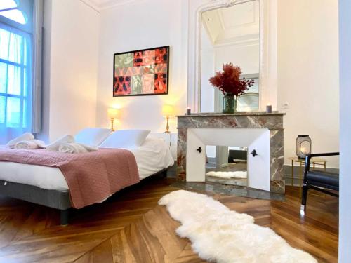 ein Schlafzimmer mit einem Bett und einem Kamin in der Unterkunft L'empereur - Parking - Fibre - Netflix in Montauban