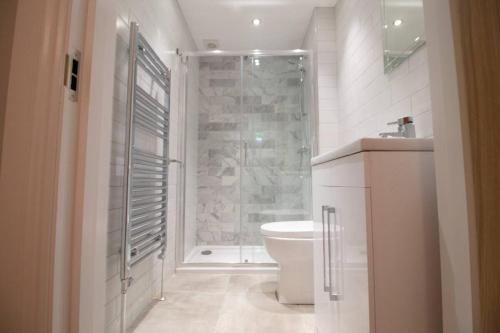 y baño con ducha, aseo y lavamanos. en Modern City Centre Rooms, en Dublín