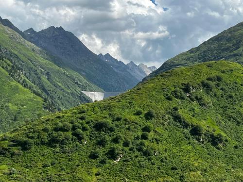 a green hillside with a waterfall in a valley at Casa Ucliva - Charming Alpine Apartment Getaway in the Heart of the Swiss Alps in Rueras