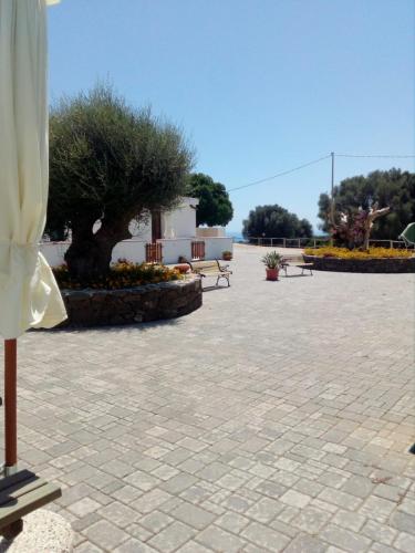 a patio with benches and a tree in a park at Vistamare in Orosei