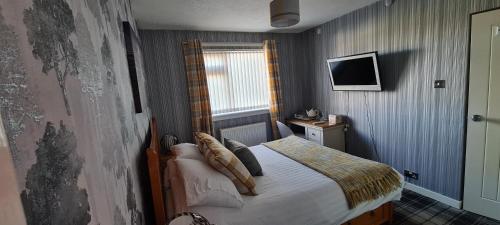 a bedroom with a bed and a tv on the wall at Lowefield B&B in Plean