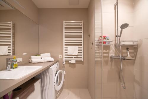 La salle de bains est pourvue d'un lavabo et d'une douche. dans l'établissement An der Donau, 10 Minuten ins Zentrum, Klimaanlage, à Vienne