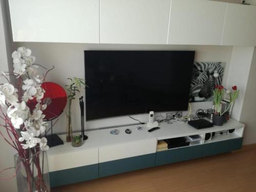 een flatscreen-tv op de top van een entertainment center bij Apartamento DALÍ in Murcia