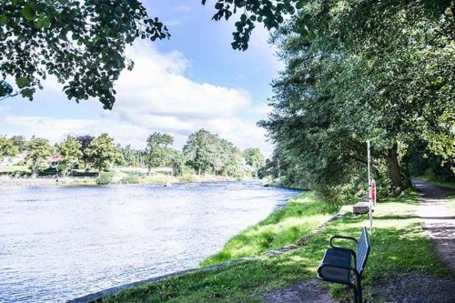 a bench sitting next to a river with trees at Skreanäs - Falkenberg in Falkenberg