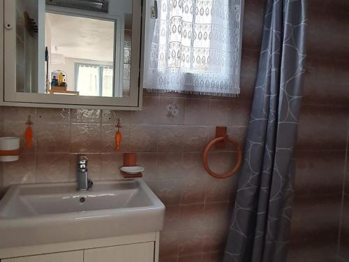 une salle de bain avec un lavabo et un rideau de douche dans l'établissement Appartement RDC avec jardin proche du port, terrasse, parking privé, idéal couple/enfant, animaux OK - FR-1-418-171, au Palais