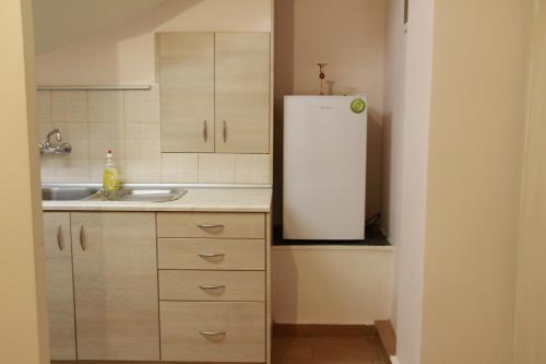 a kitchen with a white refrigerator and a sink at Apartment Eirina in Athens