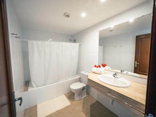 ein Badezimmer mit einem Waschbecken, einem WC und einem Spiegel in der Unterkunft Prope Mare Apartamentos in Cala Millor