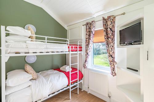 ニュートン・スチュワートにあるSquirrel Lodge 40 with Hot Tubのベッドルーム(二段ベッド、テレビ、窓付)