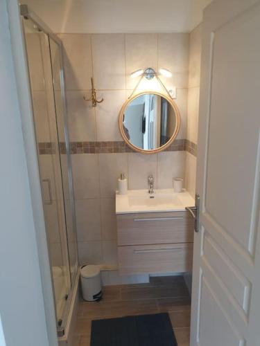 une salle de bain avec un lavabo et un miroir dans l'établissement Studio refait à neuf Ave St Maurice, à Palavas-les-Flots