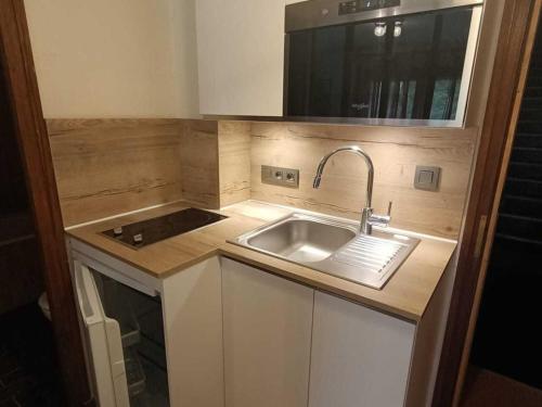 une petite cuisine avec un évier et une cuisinière dans l'établissement Studio cosy à Megève - Piscine, Tennis, Animaux Acceptés, Proche Centre - FR-1-453-116, à Megève