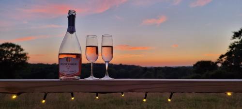 dois copos de vinho sentados numa mesa com uma garrafa em Chase Farm Glamping em Southwater