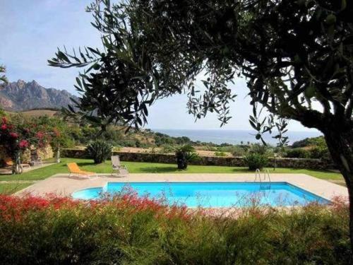 una piscina in un giardino con vista sull'oceano di Villa Azzurra a Tertenìa