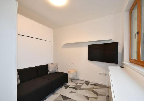 a living room with a black couch and a flat screen tv at EFI Residence Holzova 28 in Brno