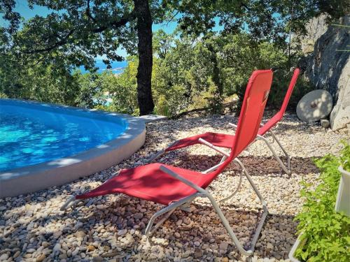 奧米什的住宿－Holiday Home Hrstic，游泳池旁的两把红色椅子