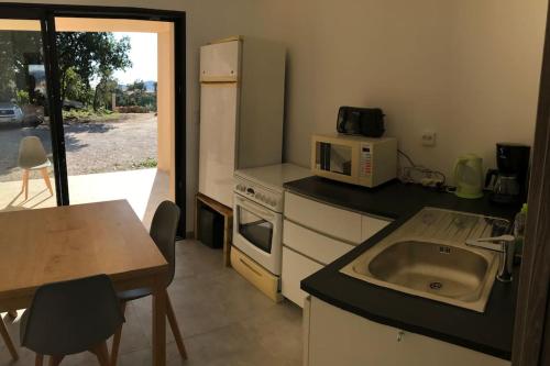 une petite cuisine avec un évier et un micro-ondes dans l'établissement T1 traversant, plain pied entre mer et montagne, à Cuttoli-Corticchiato