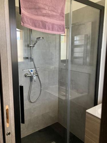 une salle de bain avec une douche avec une porte vitrée dans l'établissement T1 traversant, plain pied entre mer et montagne, à Cuttoli-Corticchiato
