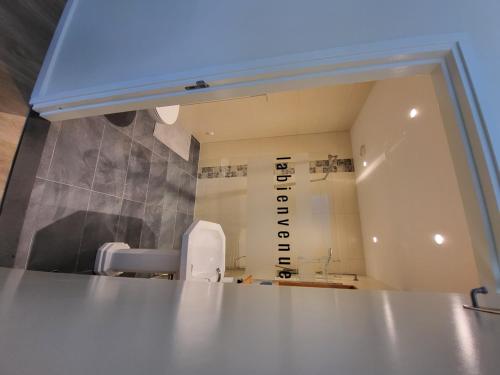 a view of a bathroom with a sink and a mirror at Heerlijk Appartement 'la bienvenue' in Venlo, Limburg in Venlo