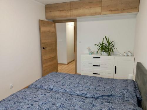 1 dormitorio con 1 cama y vestidor blanco en Apartament Marin, en Dziwnów