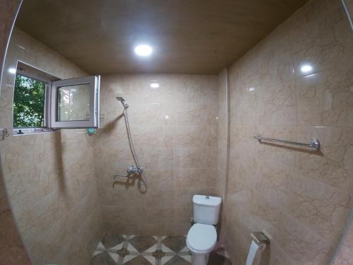 a bathroom with a shower and a toilet in it at Kipiani's guesthouse in Ambrolauri