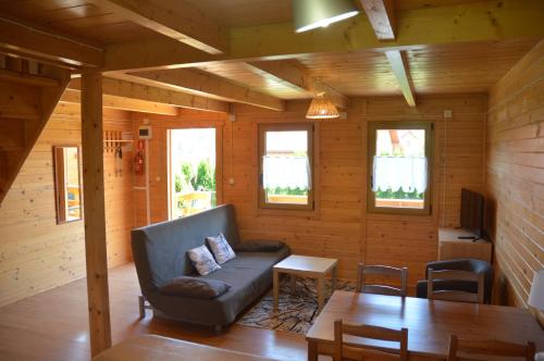 a living room with a couch and a table at Domki Pod Lasem in Polańczyk