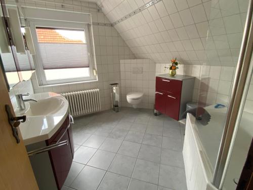 ein Bad mit einem Waschbecken und einem WC in der Unterkunft Charmantes Ferienhaus Gernrode/ Harz, Balkon, Grill, 2 Schlafzimmer in Quedlinburg