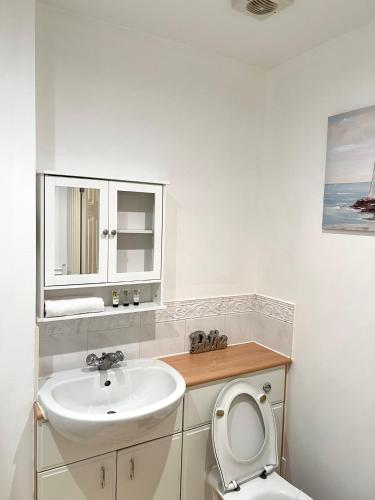 a white bathroom with a sink and a toilet at stylish luxe apartment in Harlow