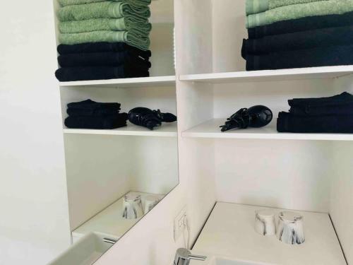 a closet with shelves with towels and a sink at OEVER51: Slapen aan het water in Aalst
