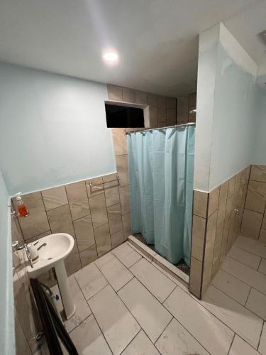 a bathroom with a shower and a sink at Casa Tabacon cr in Río Claro