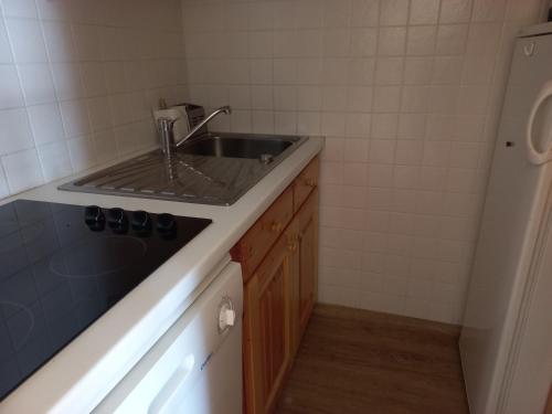 eine kleine Küche mit Spüle und Kühlschrank in der Unterkunft Appartement Tignes, 2 pièces, 5 personnes - FR-1-449-159 in Tignes
