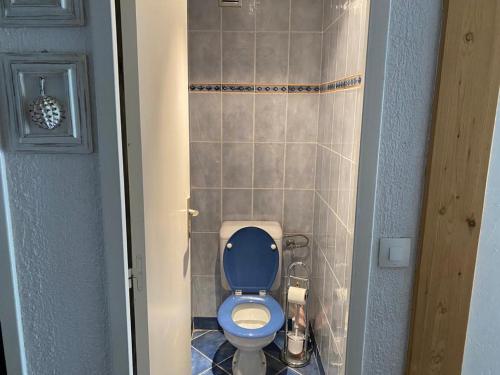 Cette petite chambre comprend une salle de bains pourvue de toilettes bleues. dans l'établissement T2 Sud/Ouest avec Balcon - Tignes - FR-1-449-181, à Tignes