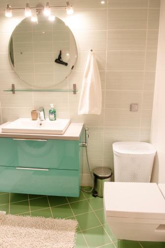 a bathroom with a sink and a toilet at Wilde Guest Apartment Tigutorn in Tartu
